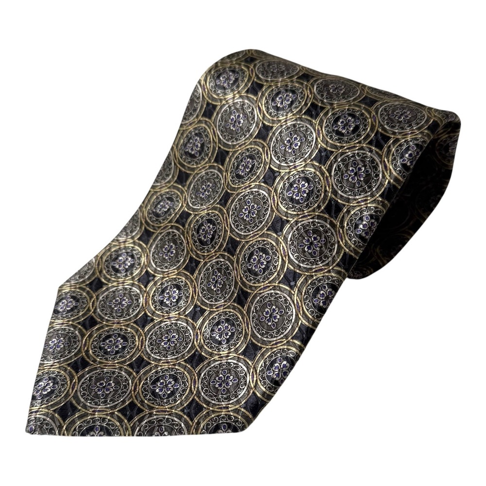 Jos A Bank Tie Mens Black Gold Medallion Signature Gold Silk Limited Edition